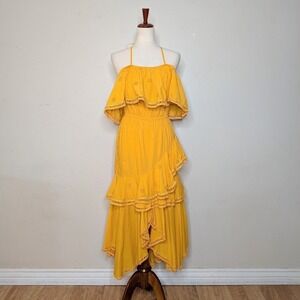 MISA Los Angeles Bethina Marigold Eyelet Cascade Off Shoulder Maxi Dress Size XS